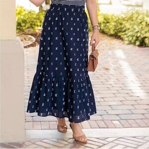 NEW LOFT Clip Tiered Pull-On Midi Skirt in Navy Blue - Size XS